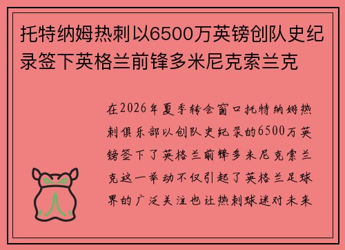 托特纳姆热刺以6500万英镑创队史纪录签下英格兰前锋多米尼克索兰克