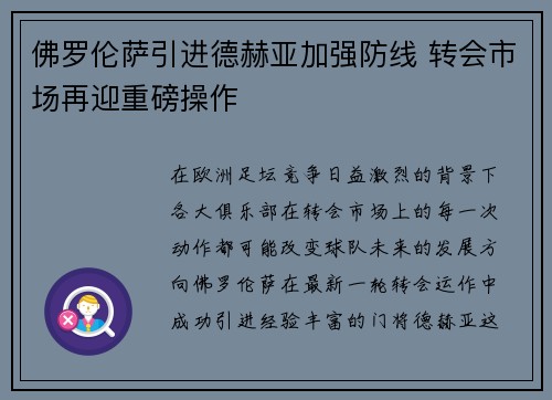 佛罗伦萨引进德赫亚加强防线 转会市场再迎重磅操作